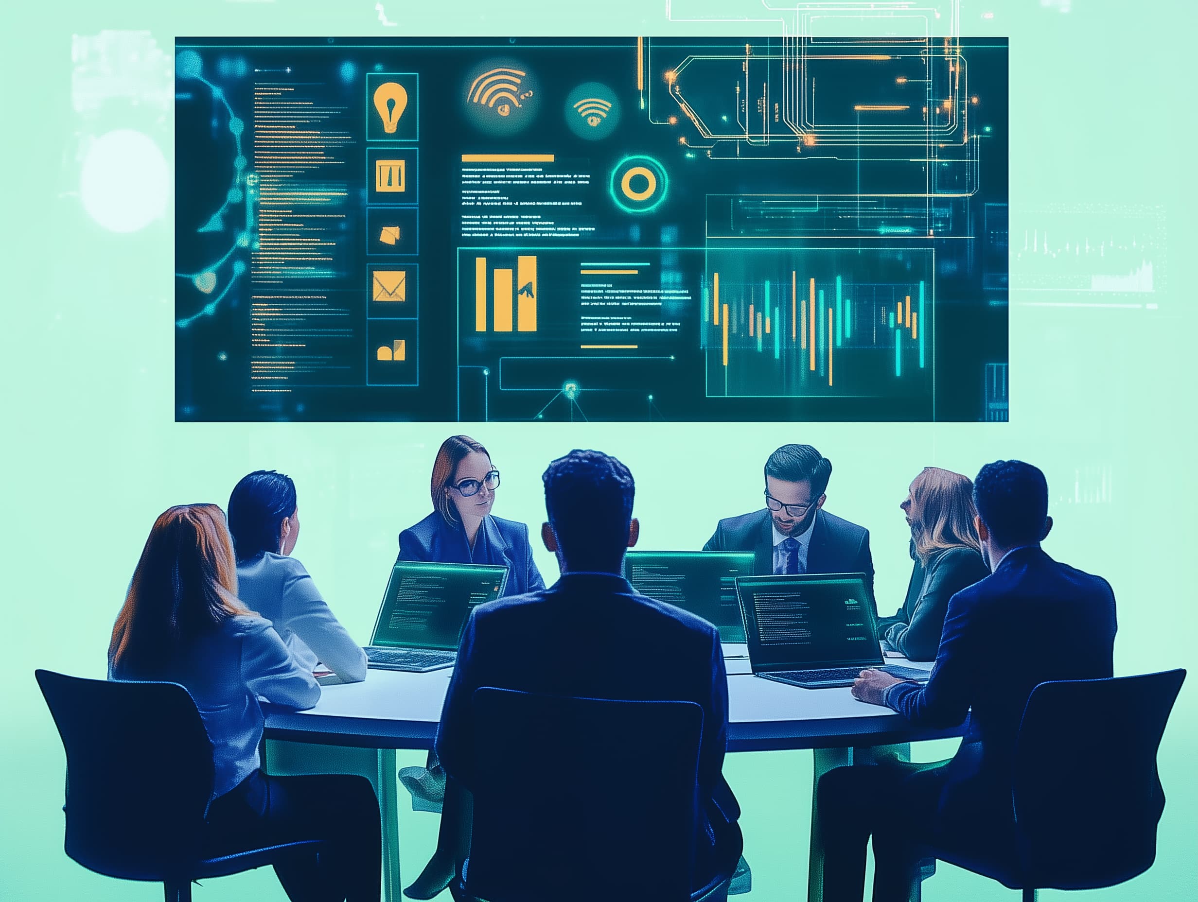 Team meeting with AI dashboard